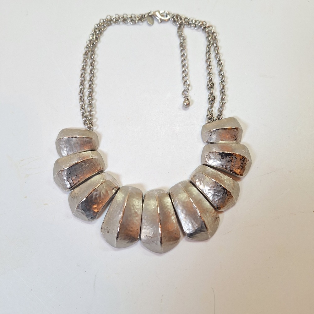 Chico's Hammered Metal Statement Necklace Silver Tone Bib Chunky Adjustable